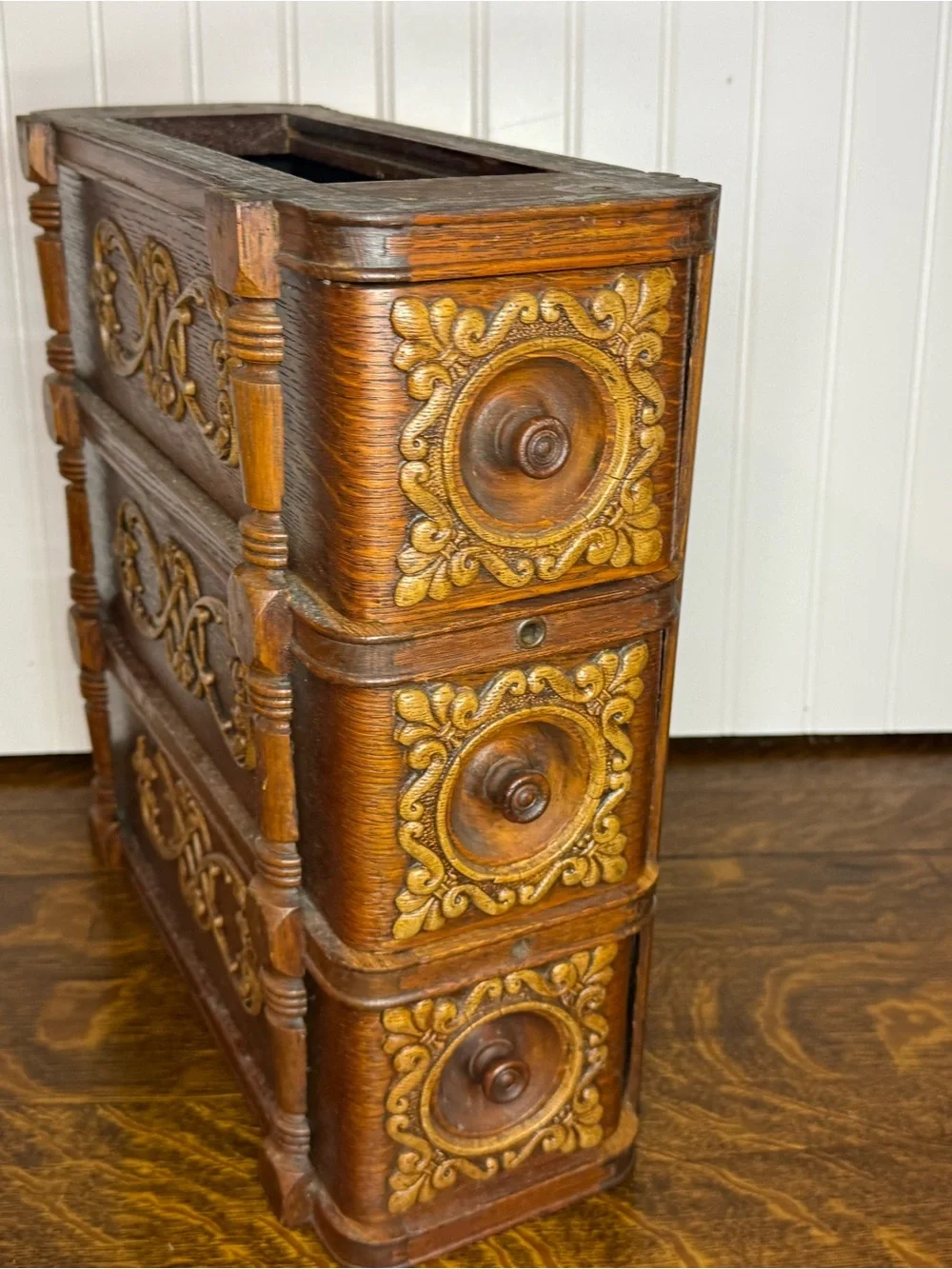 Antique Sewing Machine Drawer Cabinet: Carved Wooden Display Boxes, Ornate